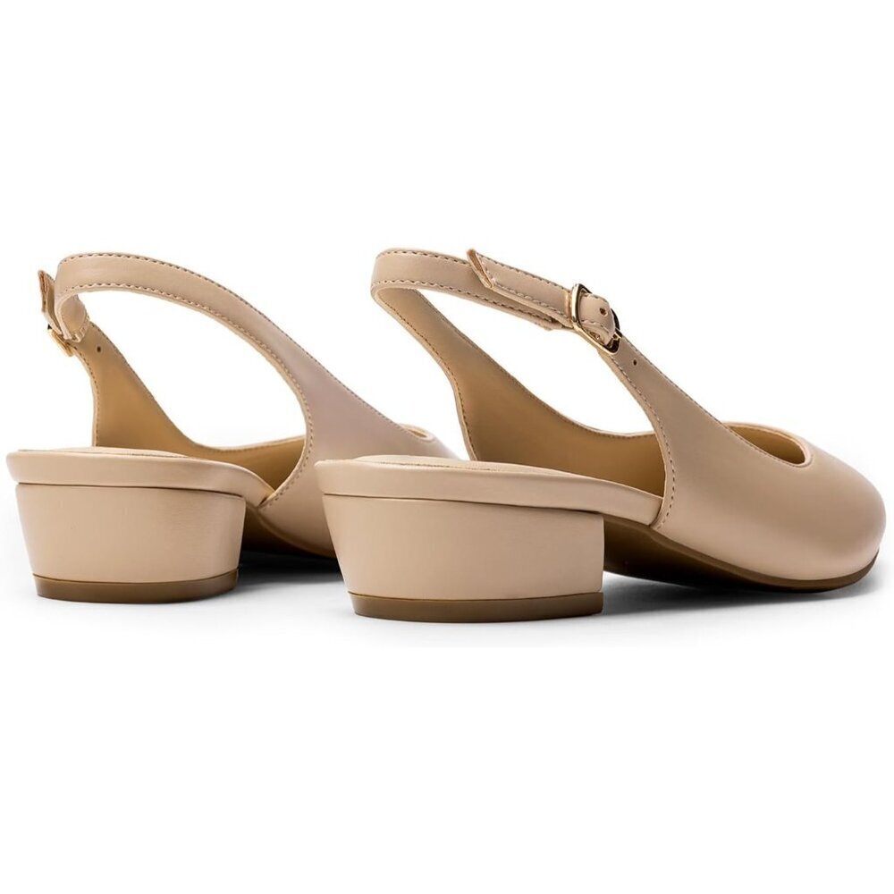 🆕Women Sling back Heel Pointed Closed Toe Low Block Pump Nude Faux Leather Part - Picture 5 of 7